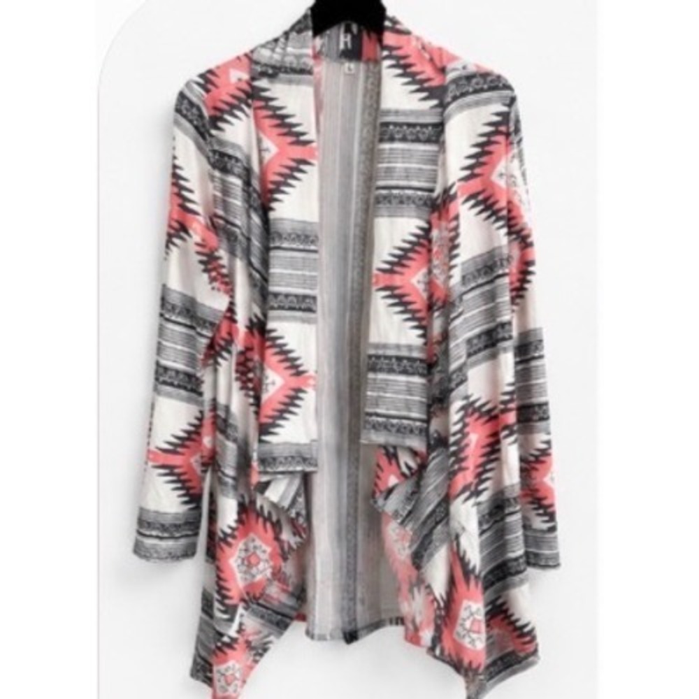 Southwestern Geometric Open Front Waterfall Cardigan Coral Black White Large